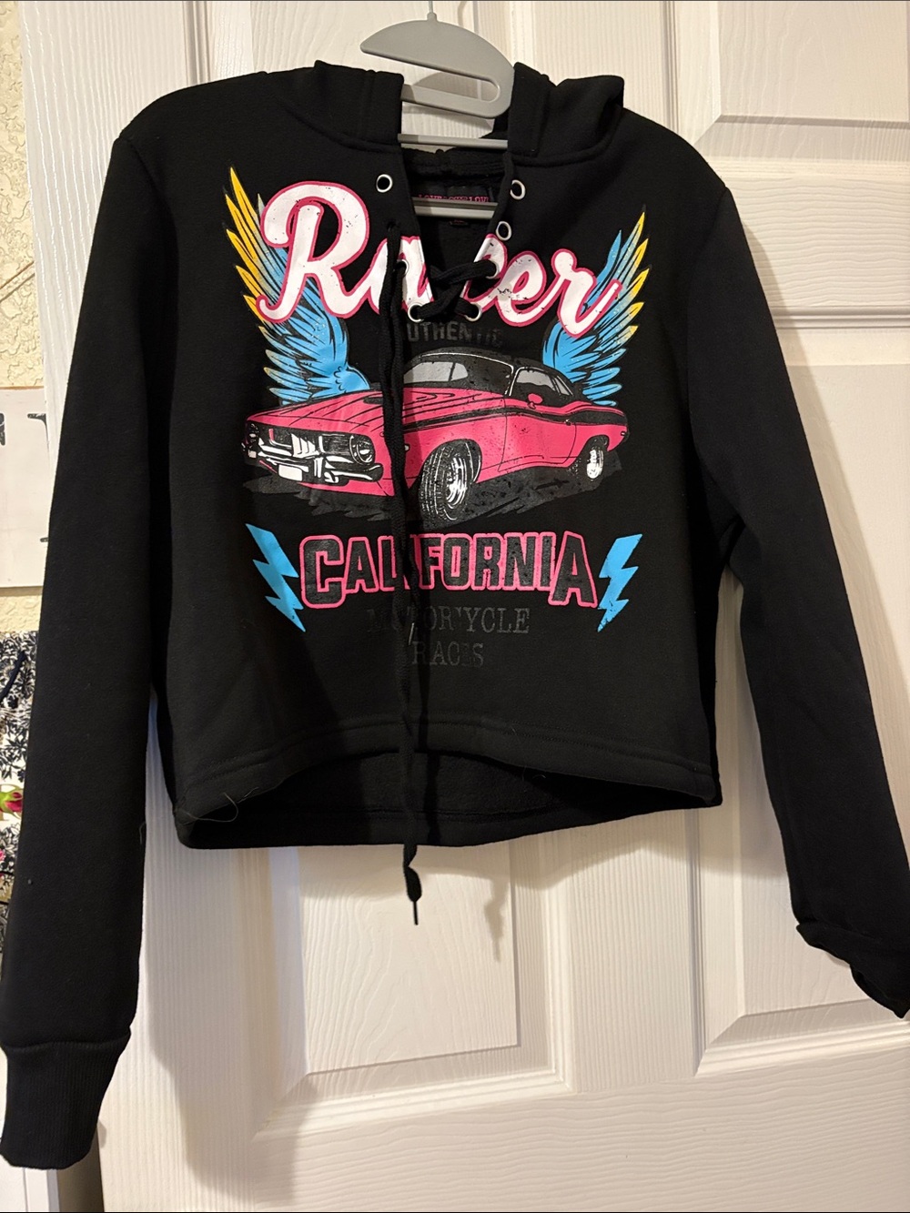 Black Graphic Zip-Up Hoodie with Pink Car and Blue Accents